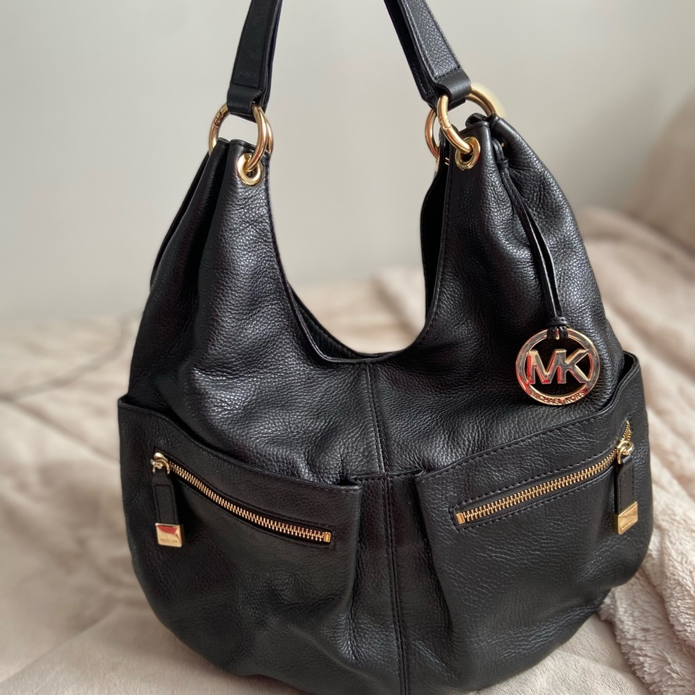 Michael Kors Black Pebbled Leather Shoulder Hobo with Gold Hardware